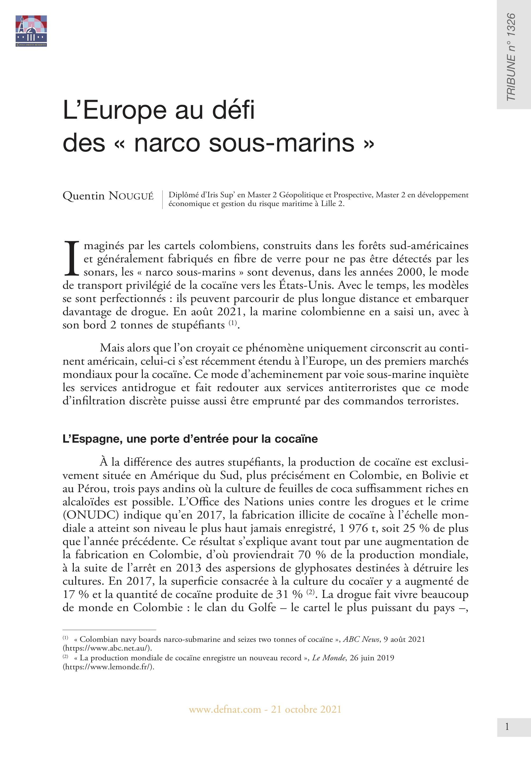 L’Europe au défi des « narco sous-marins » (T 1326)
